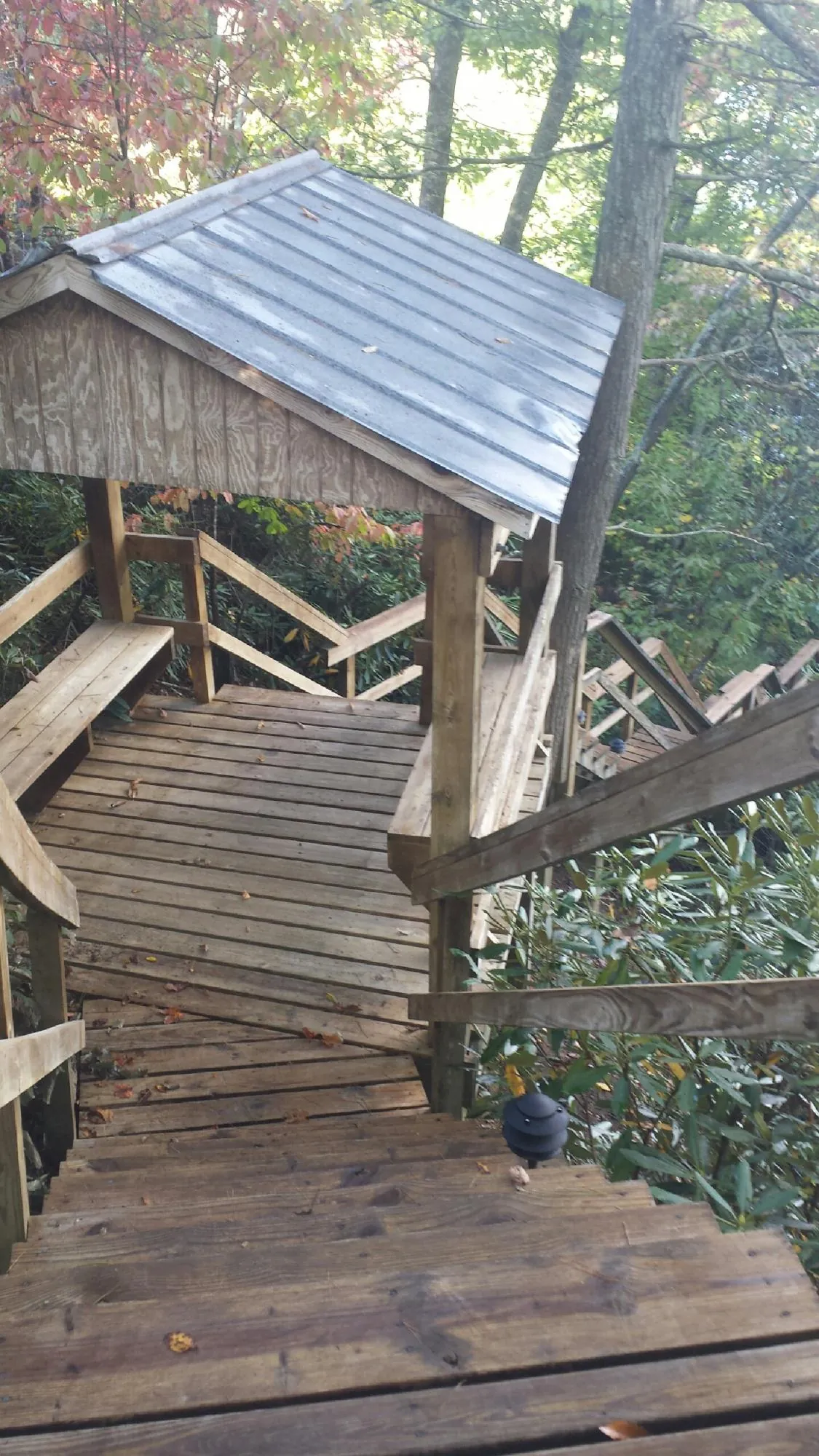 Metal roofed shelter over wooden steps on a wooded walkway — Skylight Repair & Installation work by our crew in Ardmore